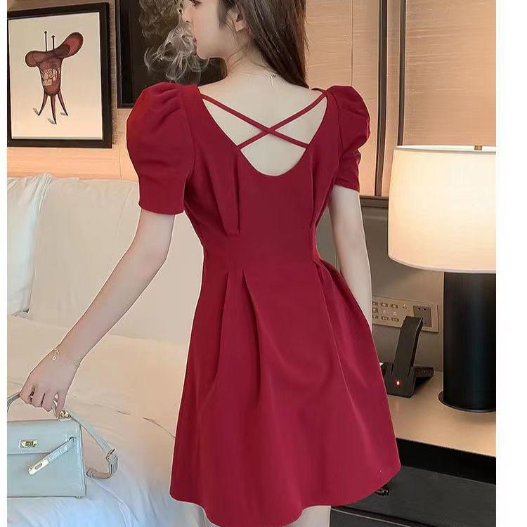 Europäisches Französisches Quadratkragen Puffärmel Schwarzes Kleid - Slim Fit Sommer Damenkleid