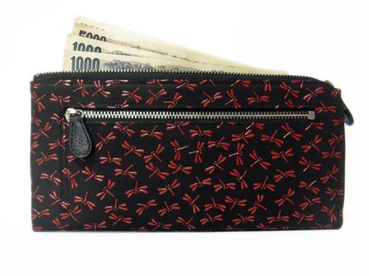 Inden Zipper Long Wallet 2305 Billfold K Black Deerskin x Red Lacquer Dragonfly Pattern x x Zipper Slim Long Wallet [Inden-ya] 9.5cm 20.5cm 2.1cm