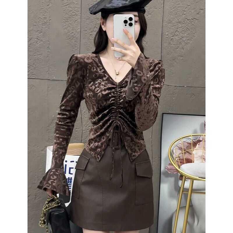 

European Style Jacquard Ruched Waist Long Sleeve Slim Fit Women s Autumn Top M (95-105 cm)