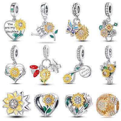 Moda Cobre Corazón Dorado Girasol Charms Cuentas Ajuste Qikaola Pulsera Original Joyería DIY Aniversario