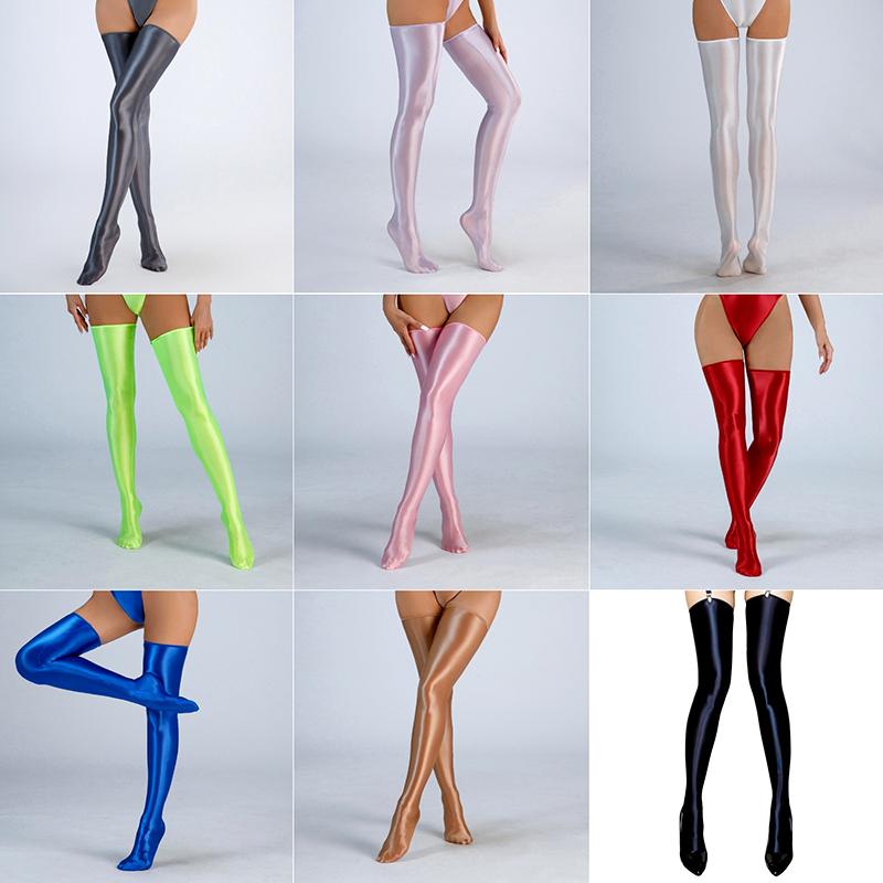 1Pair Lingerie Glossy Nylon Hosiery Oily Women's Shiny Stockings Solid Color Thigh High Socks