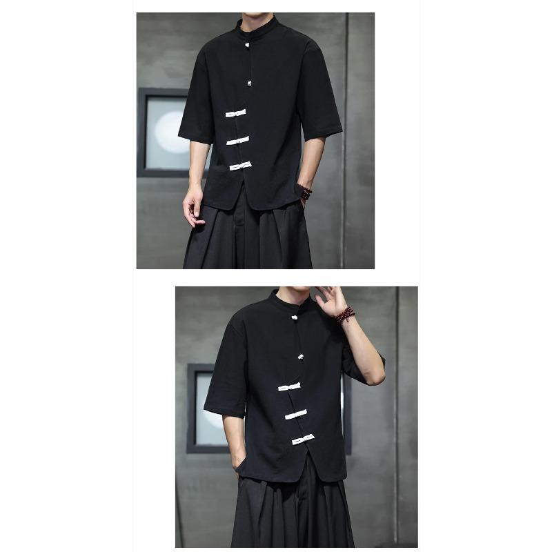 Men Linen Shirt Summer Light Thin Short Sleeved Streetwear Loose Oversize Casual Chinese Style Shirt Tang Suit Hanfu