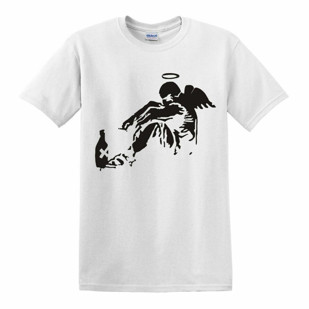 BANKSY DRUNKEN ANGEL 100% Cotton T-shirt Mens Tees Top Men's Street Art Gift Xmas Gift Fallen Angel Top