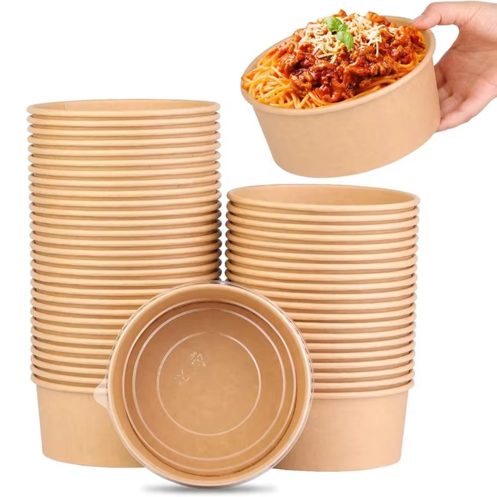 50pcs Kraft Paper Fast Food Package Box Round Rice Bowl Portable Disposable Salad Bowl  Soup