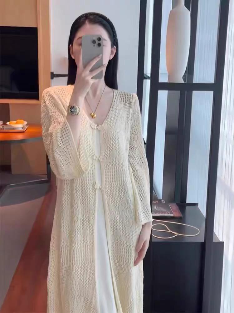 Női 2025 Tavasz/Nyár Nyitott Kötésű Kardigán Kínai Békagombbal - Laza Fit, Napvédelem.