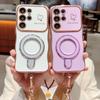 Wavy Frame Wrist Strap Phone Case for Samsung Galaxy S22 S23 S24 S25 Ultra Plus Edge A55 A54 A56 A36 A24 Silicone Soft Protective Cover Magnetic Stand