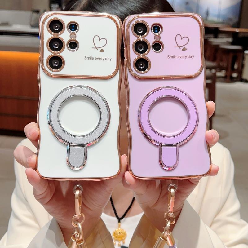 Wavy Frame Wrist Strap Phone Case for Samsung Galaxy S22 S23 S24 S25 Ultra Plus Edge A55 A54 A56 A36 A24 Silicone Soft Protective Cover Magnetic Stand