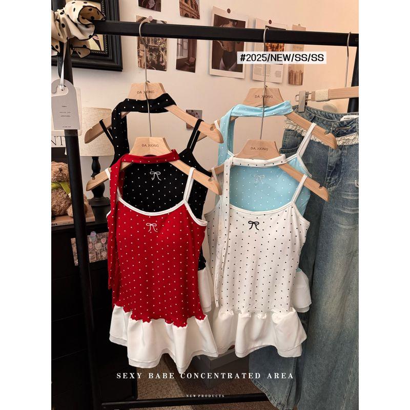 Kumikumi Niche Design Sense Polka Dot Patchwork Cami Women clothes Summer Frill Slimming Versatile Top