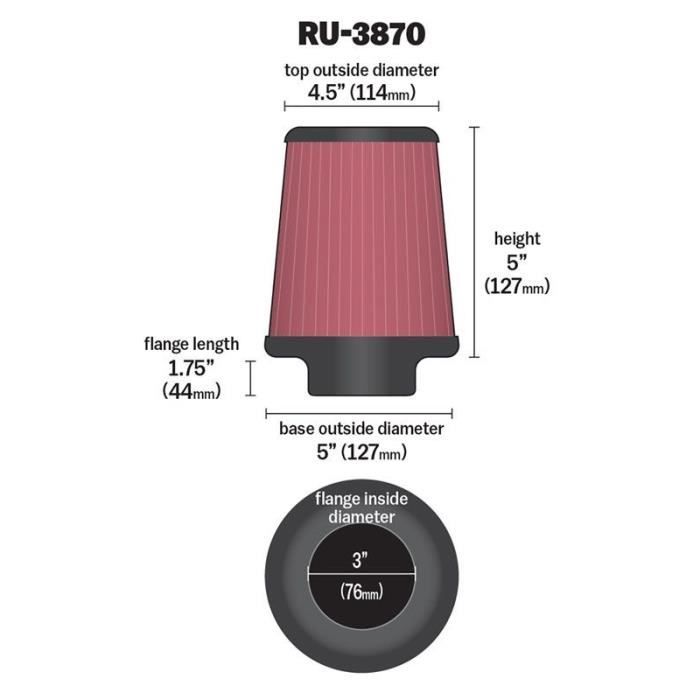 Filtre RU-3870à air universel 76 mm Ø114/127 mm rouge