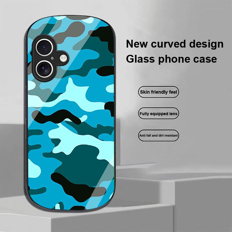 Camouflage Blue For Apple IPhone 16 11 13 15 14 Pro Max 12 Mini 7 8 Plus XR X XS Elliptical Shaped Tempered Glass Phone Case