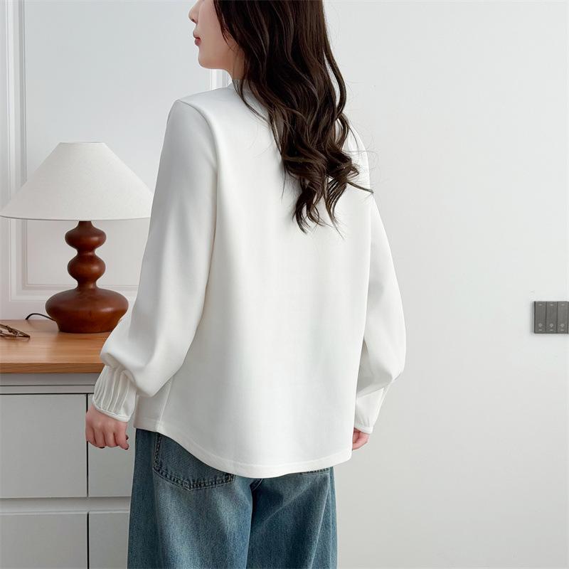 Plus Size Women's Spring Air Cotton Sweatshirt with Pleated Cuffs - Long Sleeve Casual Versatile Top