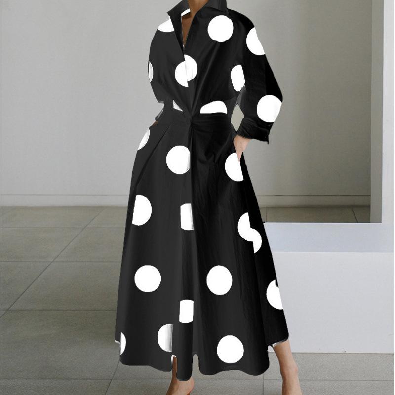 Women's Fashion Summer Spring Polka Dot Print Long Sleeve POLO Neck High Waist Casual Dresses
