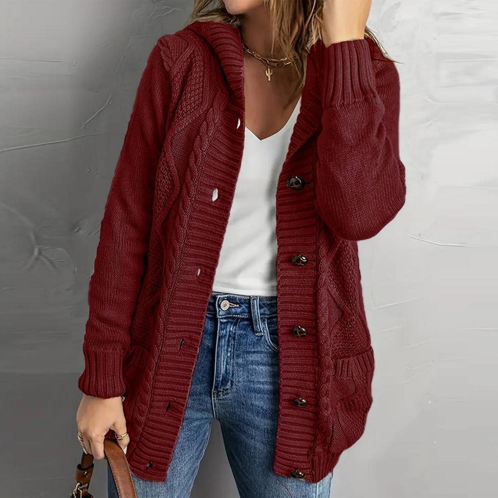 Women's Solid Color Long Sleeved Casual Pocket Knitted Sweater Cardigan Jacket