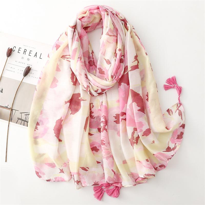 Ombre Gradient Painting Floral Tassel Viscose Shawl Scarf High Quality Print Soft Pashmina Stole Muslim Hijabs Sjaal 180*90Cm