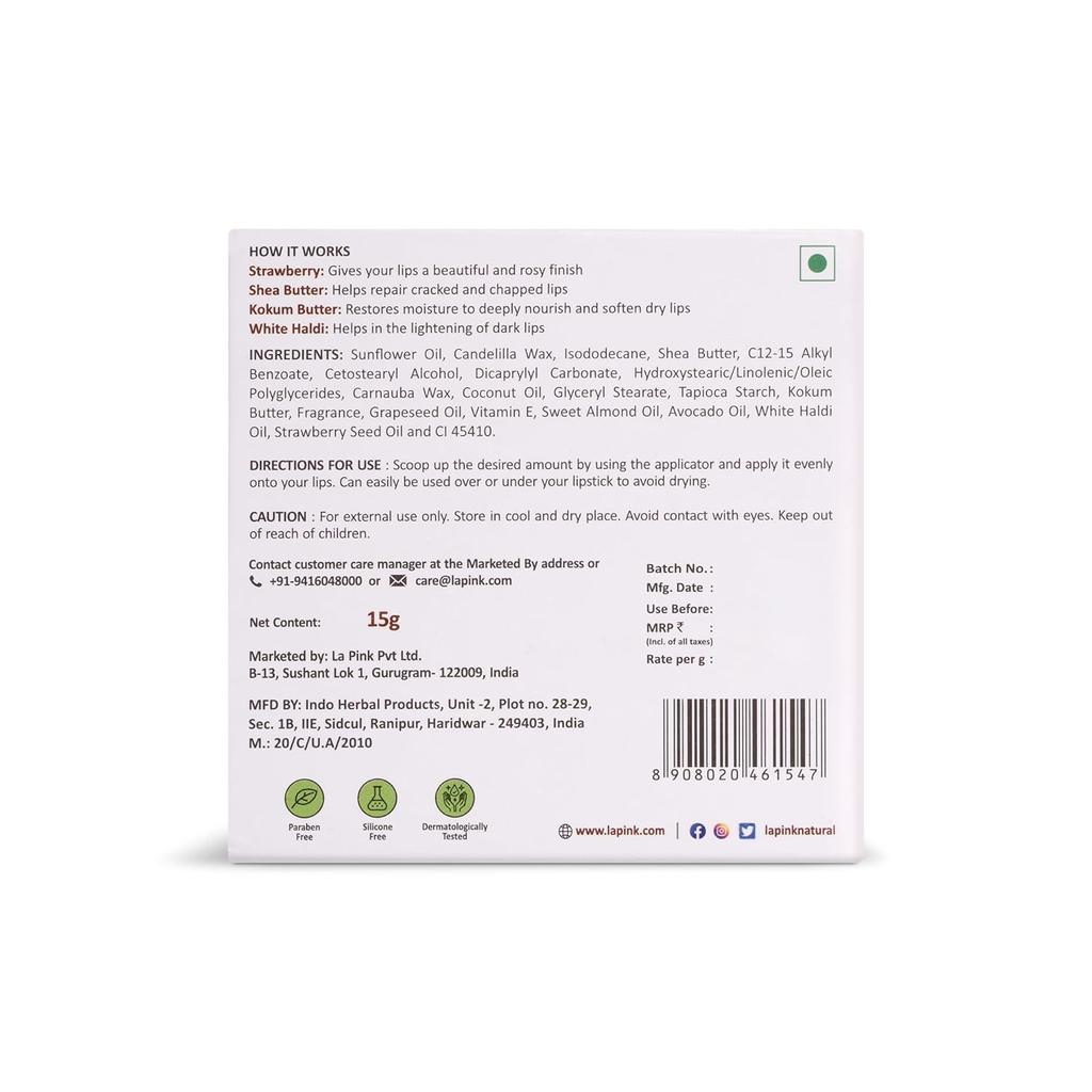 La Pink Strawberry Natural Tinted Lip Balm with Shea & Kokum Butter | Nourished & Soft Lips | 100% Microplastic Free Formulation | 15 Gms