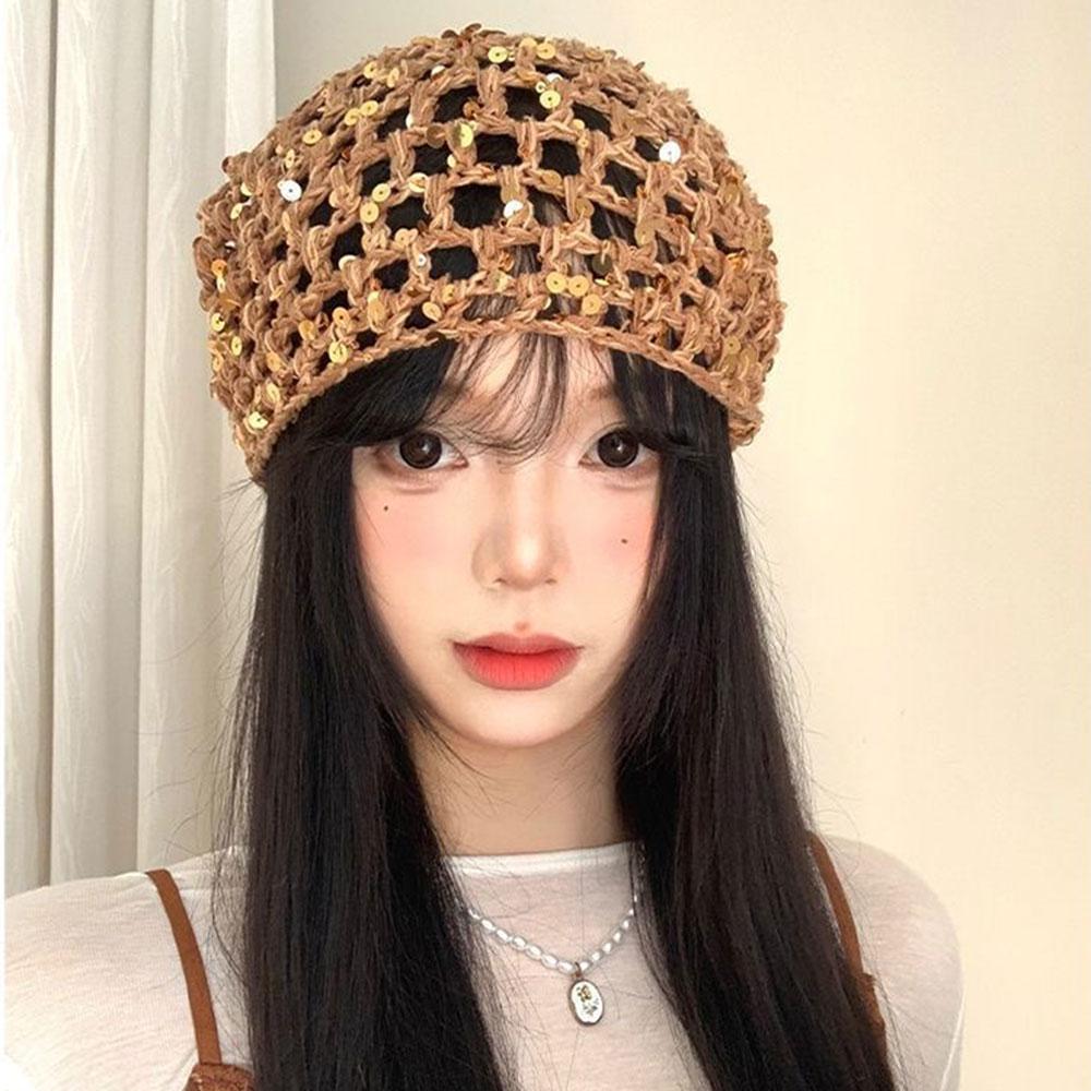 Ins Style Sequined Hollow Knitted Triangle Hair Scarf Bandana Retro Crochet Sheer Headscarf Women Summer Travel Photo Headband