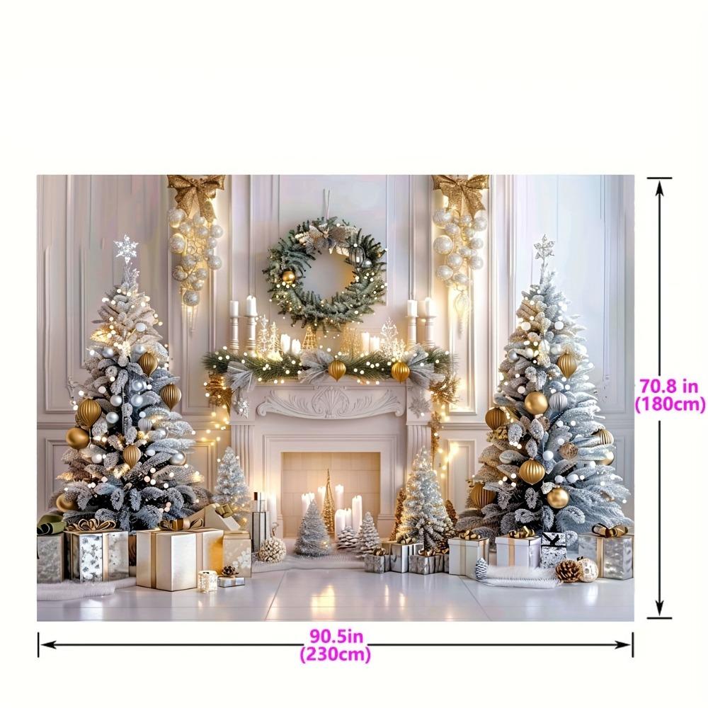 Winter Wonderland Christmas Backdrop Elegant White Fireplace Scene with Gift Tree Wreaths Party Decorations