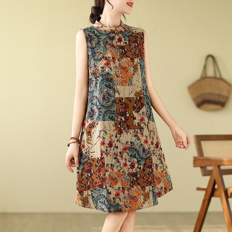 Retro Modified Disc Button Cheongsam Skirt Loose Slimming Sleeveless Printed Dress