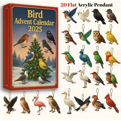 Bird Advent Calendar 2025, 24 Days Christmas Bird Advent Calendar, Acrylic 2D Flat Bird Hanging Decorations for Christmas Tree