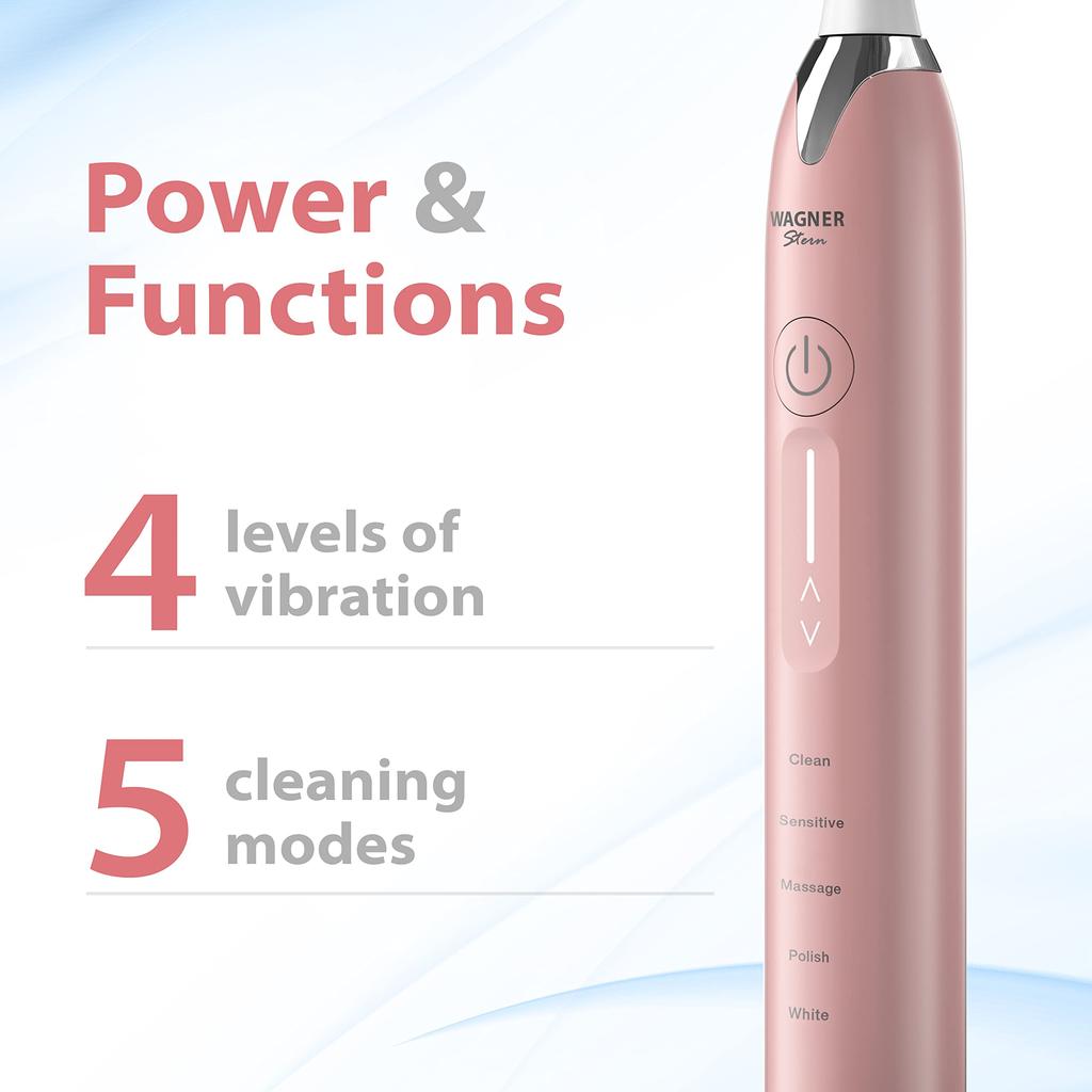 Wagner Stern Ultrasonic Whitening Toothbrush with Pressure 5 Brushing Modes and 4 Intensity 8 Soft and Travel Sensor, Levels, Bristles, Case.