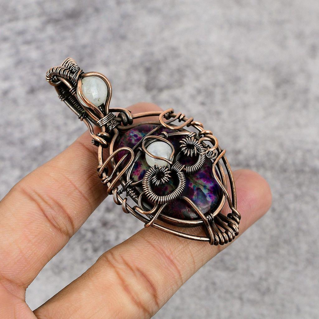 Multi Flash Labradorite & Rainbow Moonstone Pendant, 999 Copper Wire Wrapped Jewelry, Gemstone Jewelry, Handmade Pendant, For Wedding Gift