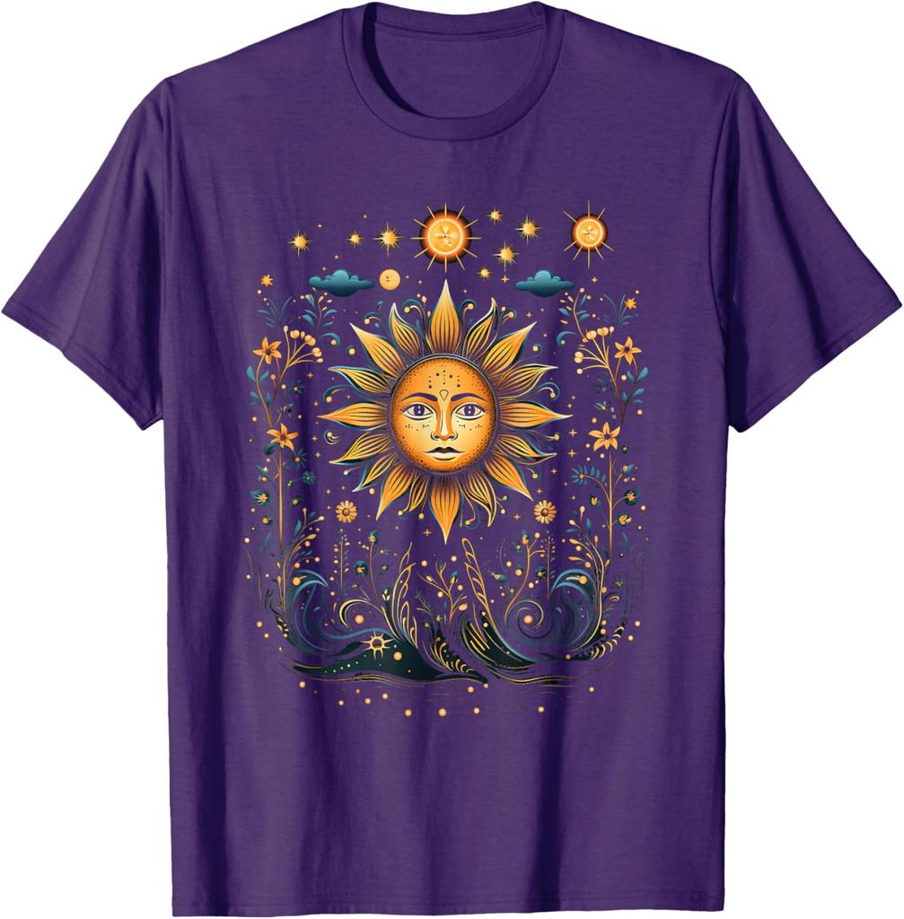 Mystic Celestial Sun Face Floral Graphic T-Shirt Casual Short Sleeve O-Neck Tee For Men
