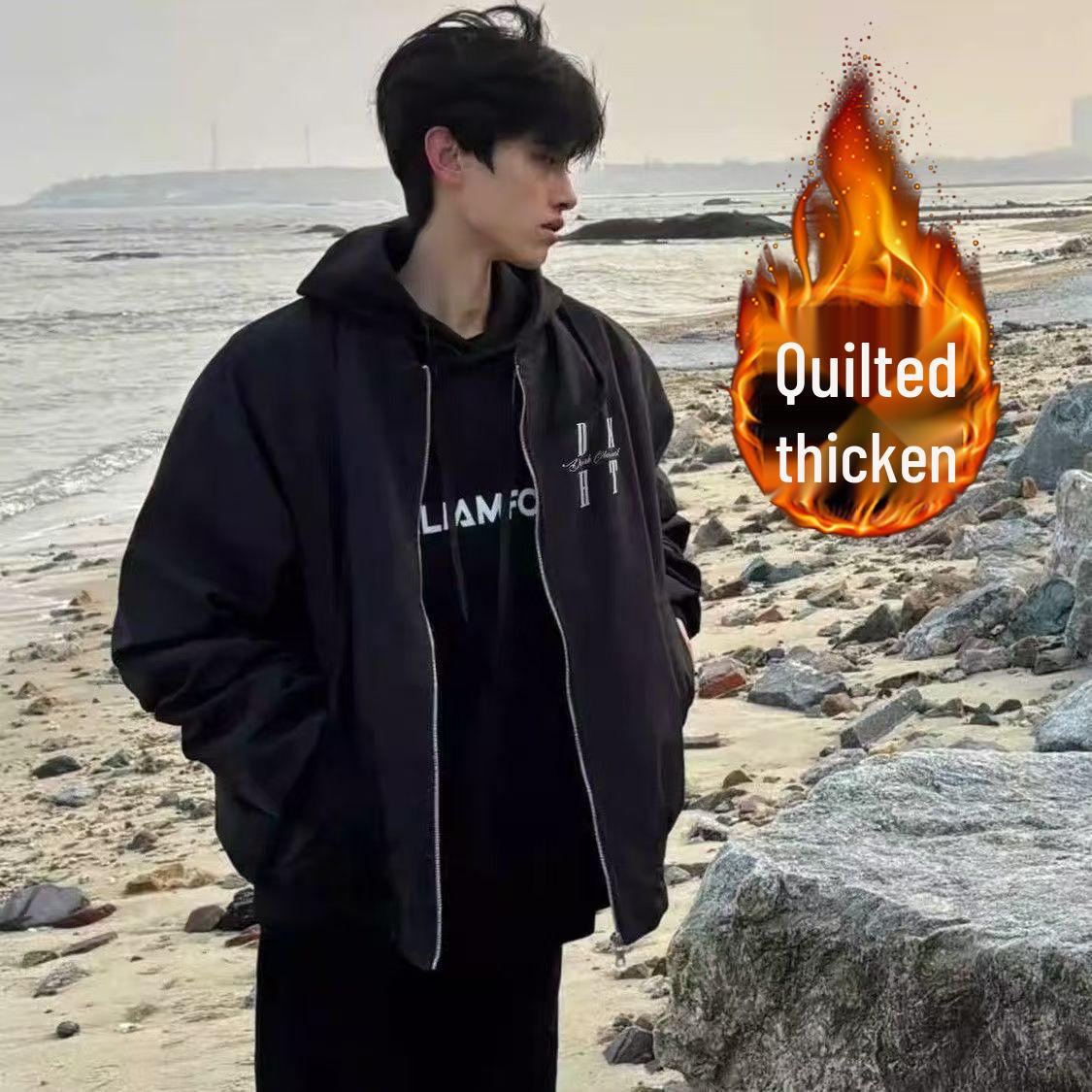 Men s American Retro Black Bomber Jacket - Winter Trendy High Street Style, Padded Baseball Jacket 3XL