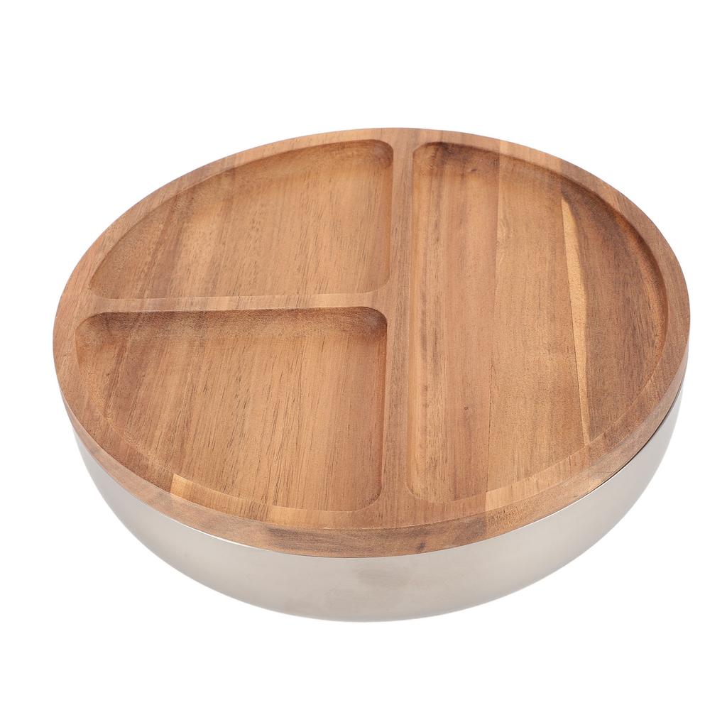 Stainless Steel Salad Bowls with Wood Lids Large Capacity Multifunctional Thickened Round Salad