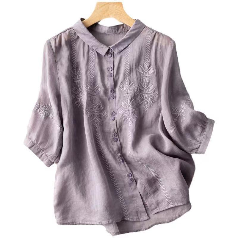 Export medium-sleeved cotton and linen shirt women's embroidery new thin cotton and linen top temperament loose and beautiful shirt women