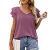 Women T-shirt V-neck Double Layer Ruffle Short Sleeve Tops Solid Color Loose Fit Blouse Streetwear