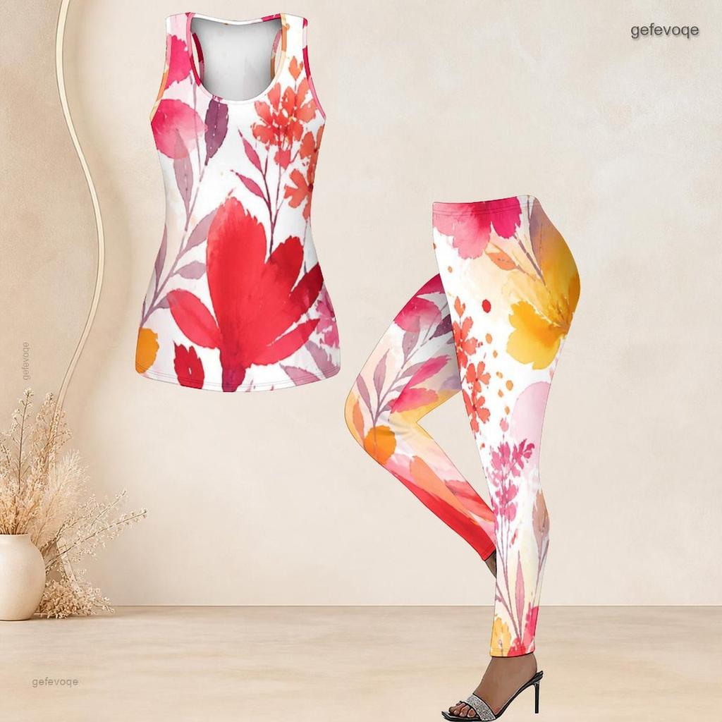 Women Plus Size Two Piece Set Scoop Neck Sleeveless Tank Top Fitted Floral Printed Pants Orange Blue Off White