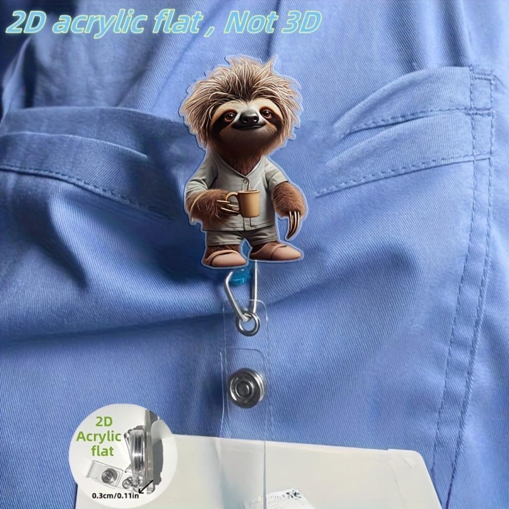 Tea Drinking Sloth 2D Acrylic Retractable ID Badge Reel, Solid PMMA Clip Holder Suitable For Registered Nurses Doctors And Medical Learners