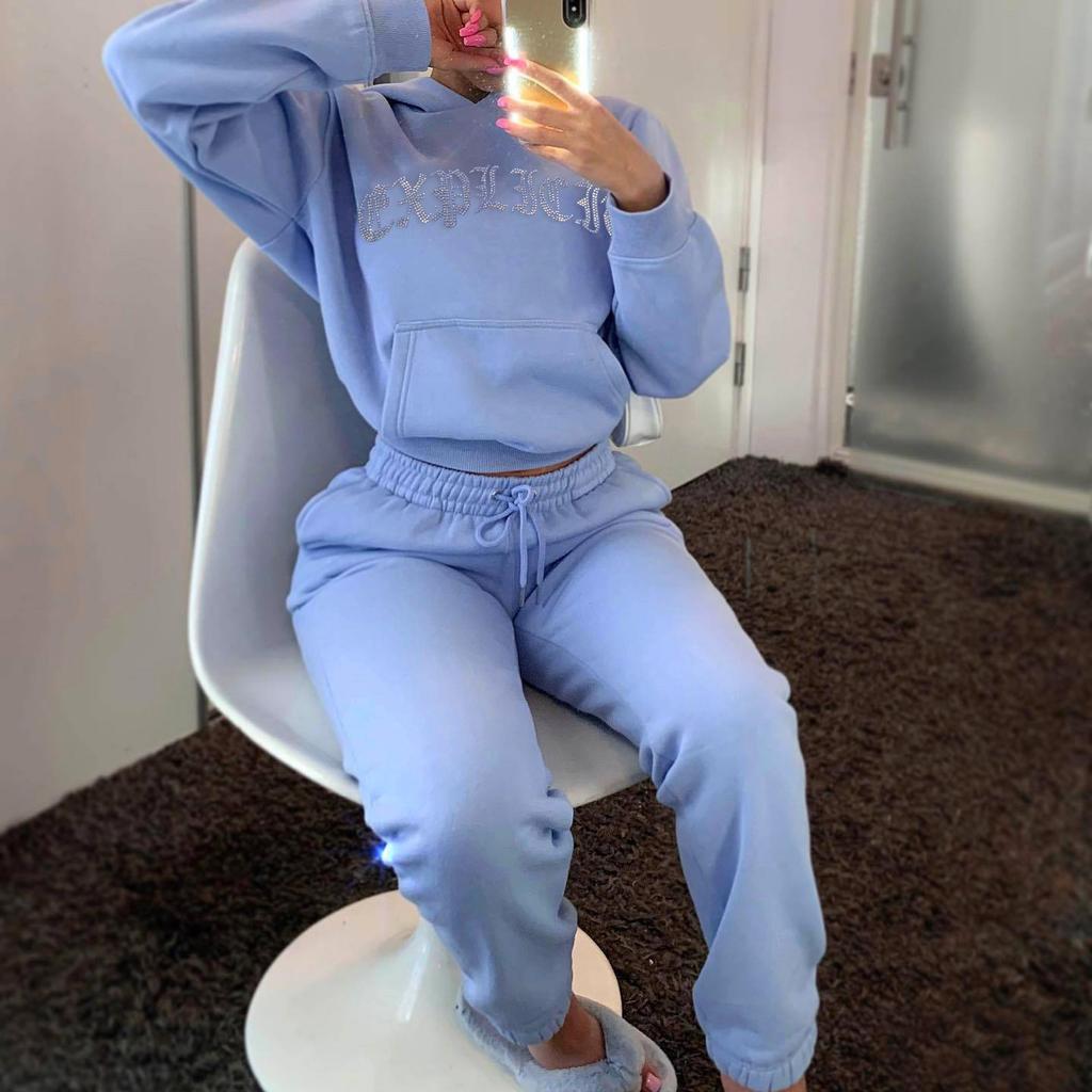Women's Casual Fleece Long Sleeve Plus Size Printed Hoodie Trousers Sports Suit