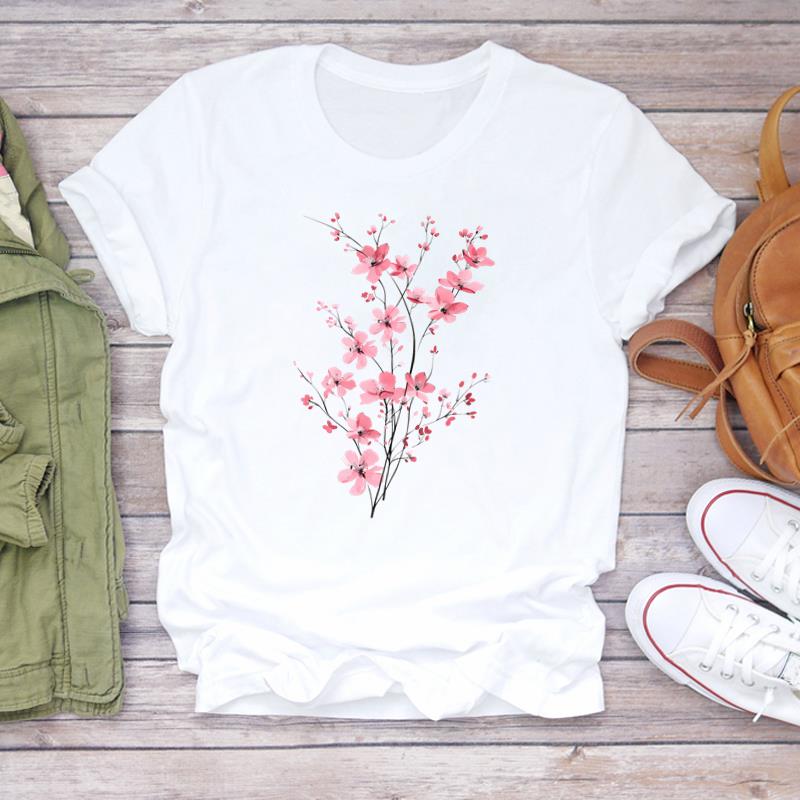 (Asian Size) Printed watercolor flower style Women Tee Lady Female Clothing T Shirt  Casual Fashion Top Graphic Short Sleeve T-shirts