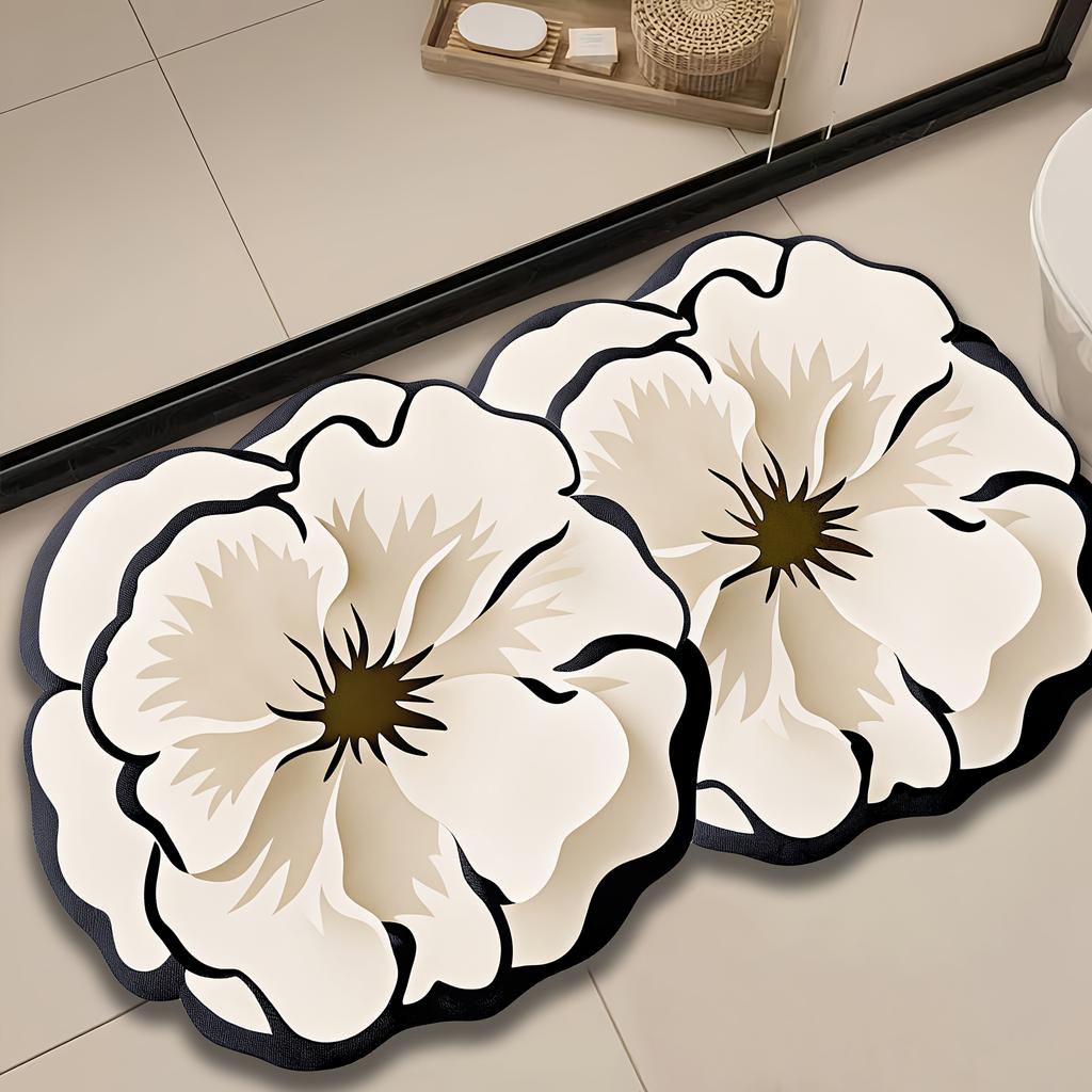 Camellia Flower-Shaped Anti-Slip Absorbent Floor Mat, Quick-Drying Bathroom Mat for Kitchen Entryway Bedroom Home Decor