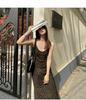 2026 Spring/Summer V-Neck Leopard Print Off-Shoulder Spaghetti Strap Mid-Length Slimming Dress