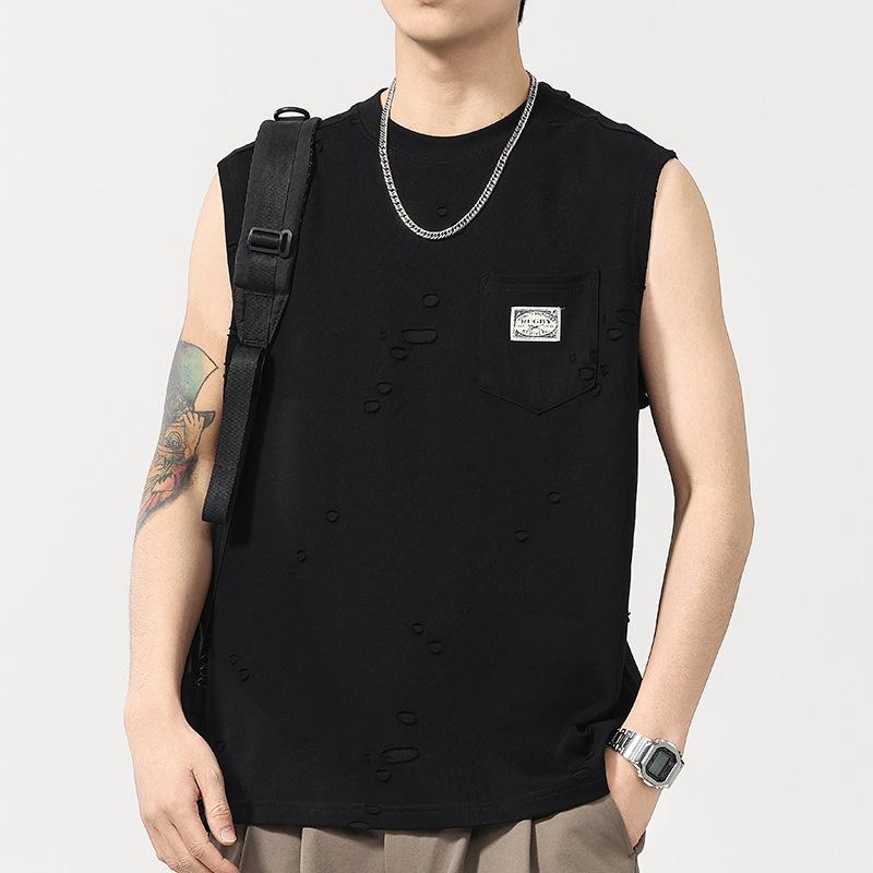 Summer Thin American High Street Breathable Sleeveless Ripped Vest Men's T Round Neck T-shirt Short Sleeves