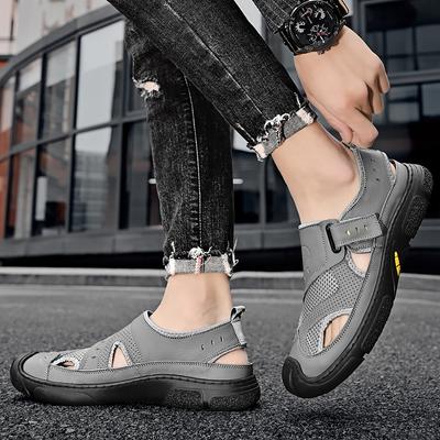 Sommer Herren Sandalen Echtes Leder Herren Freizeitschuhe Herren Ledersandalen Große Größe atmungsaktiv Walking Herrenschuhe Schwarz