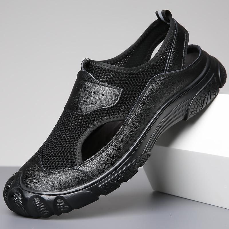 Herren Mesh Sandalen Sommer Neue Mode Pantoletten Outdoor Echtes Leder Rutschfeste Schuhe Strand Slip-On Sandalen Reise Hausschuhe