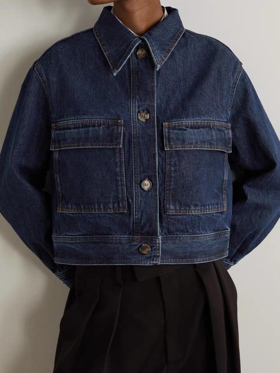 

Оформление: Женская новая ретро джинсовая куртка из хлопка с голубой варкой - Осенняя коллекция 40/XL