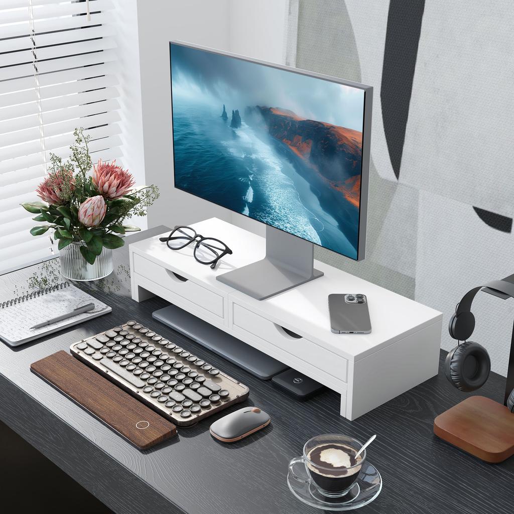 PC Screen Riser Desk Computer Monitor Stand 60-116 Cm with 2 Drawers, Adjustable Length and Angle