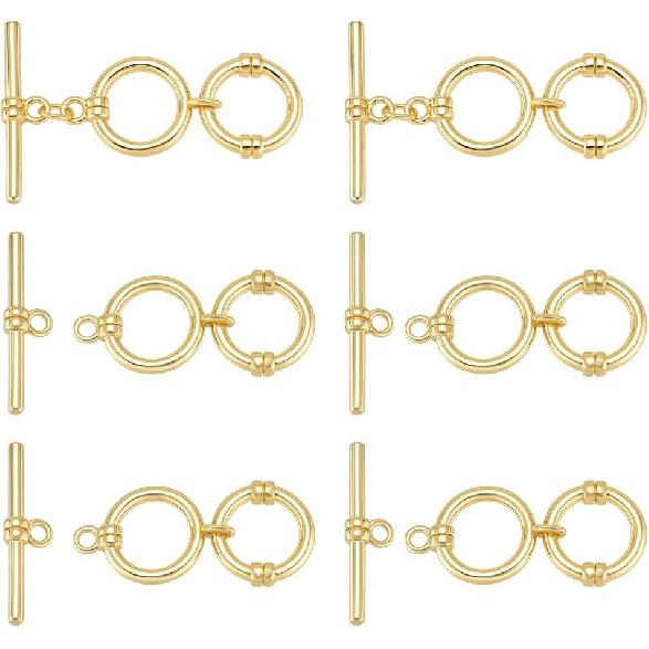 BENECREAT 6 Pcs Real 14K Gold Plated Brass Toggle Clasps with Jump Rings, 1.6 Inch 2 Round Rings Adjustable T-Bar Closure Clasps for Necklaces