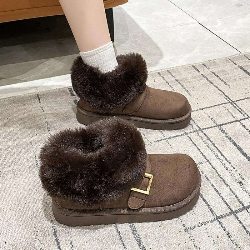 

2025 Зимние Теплые Плюшевые Снежные Ботинки Для Женщин Плоские Меховые Ботильоны Женские Декор Ремешок с Пряжкой Удобная Хлопковая Обувь 41 кофейный