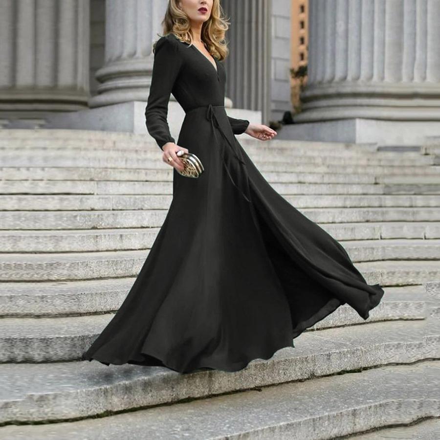 V-Neck Long Sleeve Dress with Tassels, Slim Fit, Elegant Maxi Dress for Women