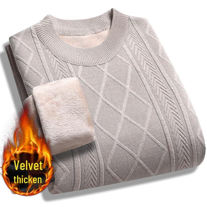 

Мужской зимний свитер на флисовой подкладке, толстой вязки, с длинным рукавом, для мужчин среднего и пожилого возраста, теплая осенне-зимняя кофта для папы. 3XL бежевый