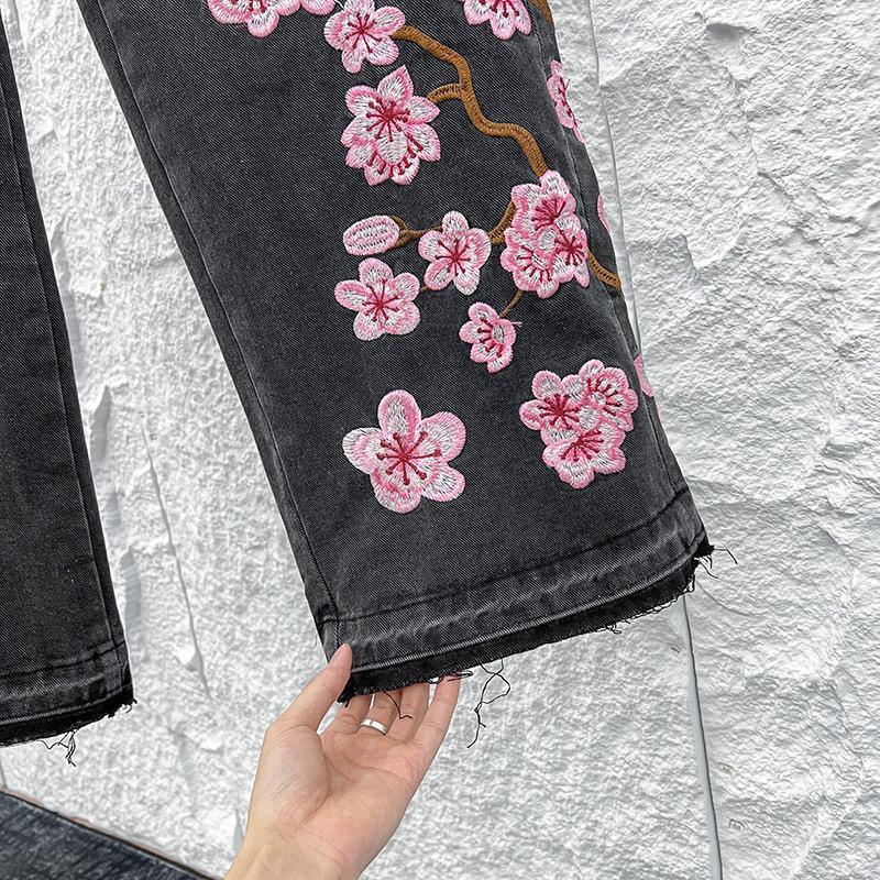 Streetwear Gotic Jeans Brodați cu Flori de Cireș Haine Y2K Bărbați Femei Hip Hop Vintage Jeans Largi cu Talie Joasă Pantaloni cu Picior Lat