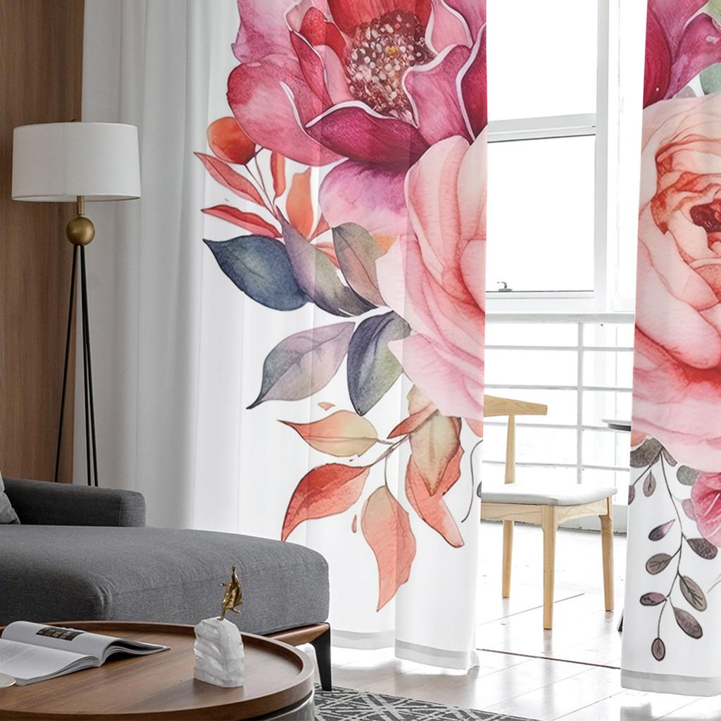 Flower Bud And Leaf Overlay Window Curtains For Living Room Bedroom Kitchen Chiffon Sheer Window Treatment