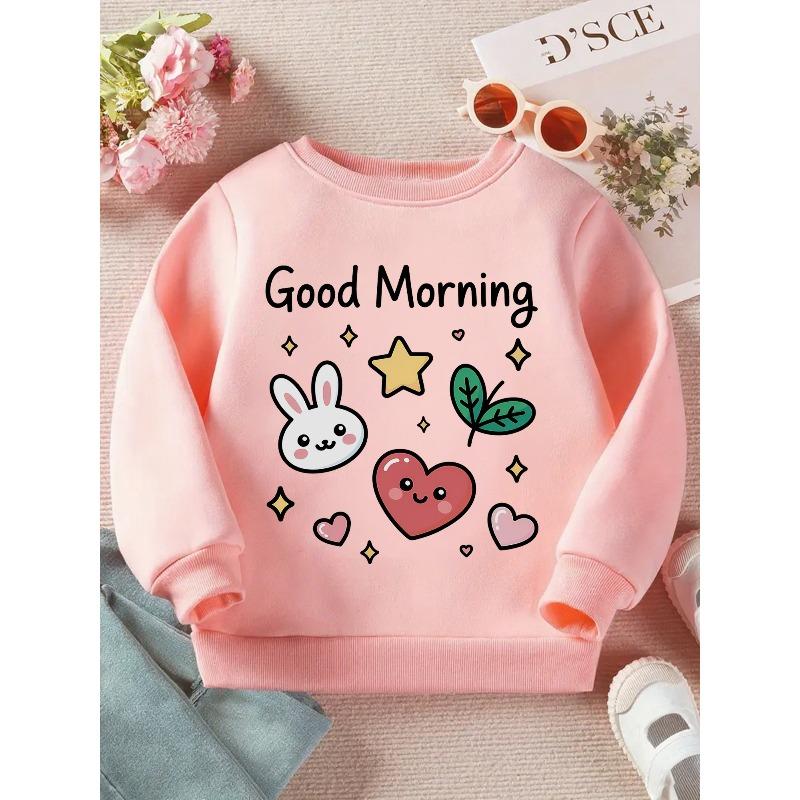 Kids Crewneck Sweatshirt, Cute Good Morning Bunny Hearts Stars Leaves Graphic Print