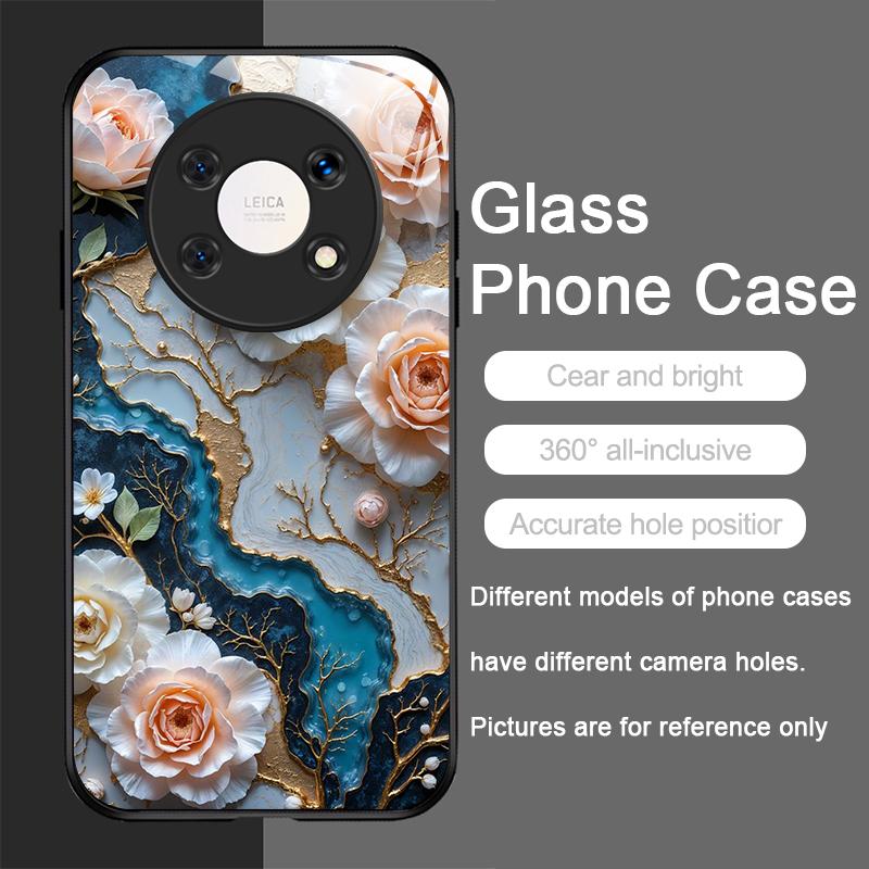 White Camellia Flower Marble Texture Tempered Glass Phone Case for Xiaomi Redmi Note 15 14 ProPlus 13 11T 10 Lite 15C 14C Cover