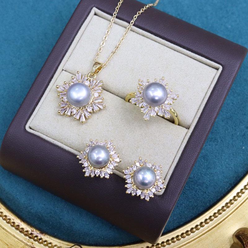 18K Gold-Plated Freshwater Pearl Jewelry Set: Necklace, Earrings & Ring with Micro-Pave Diamonds (9-10mm Pearls).